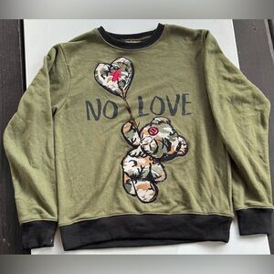 No Love Retro Label‎ Green Camouflage Bear Broken Heart Sweatshirt Size XS